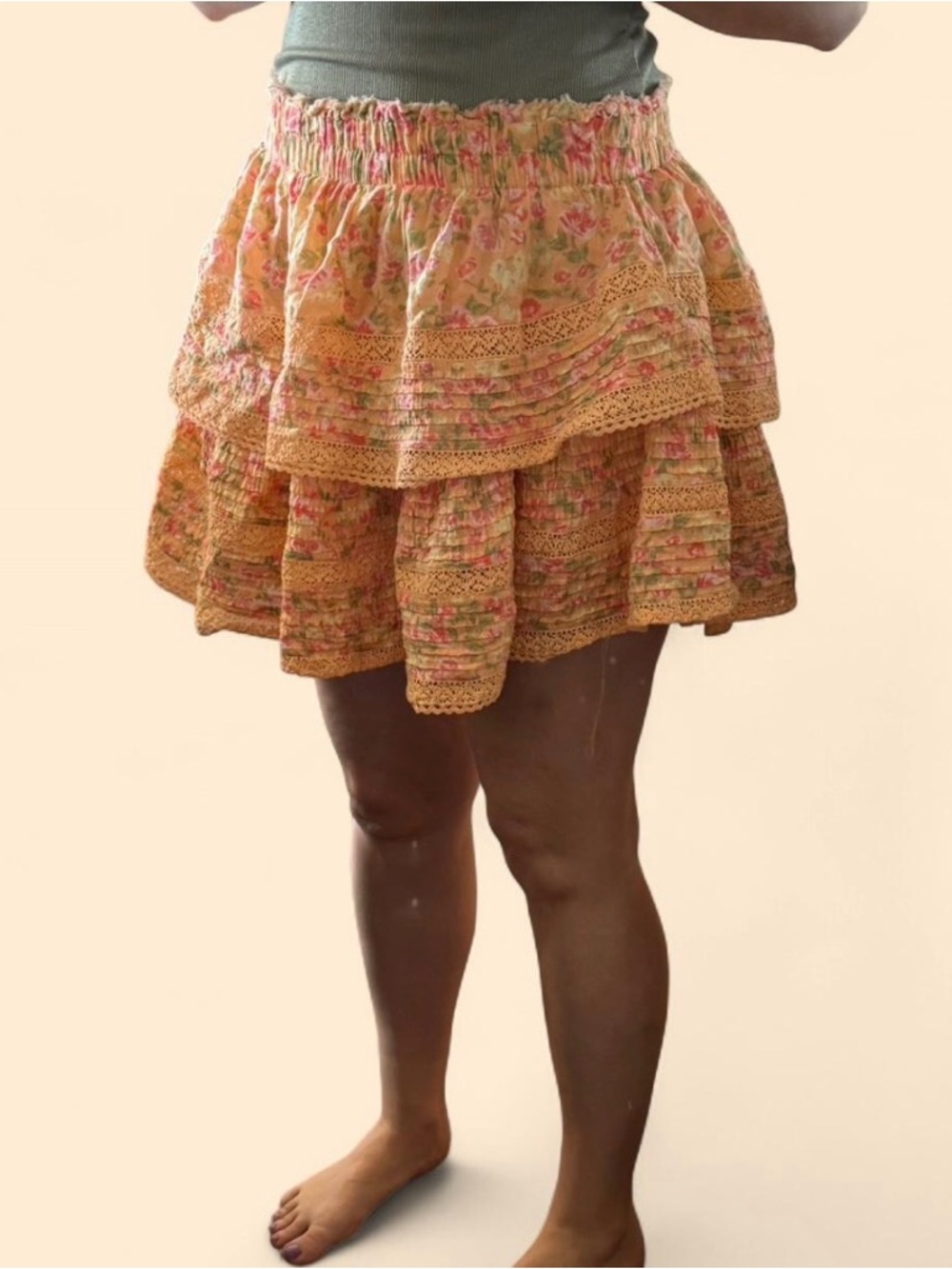 aerie Floral Tiered Lace Mini Skirt in Peach and Pink